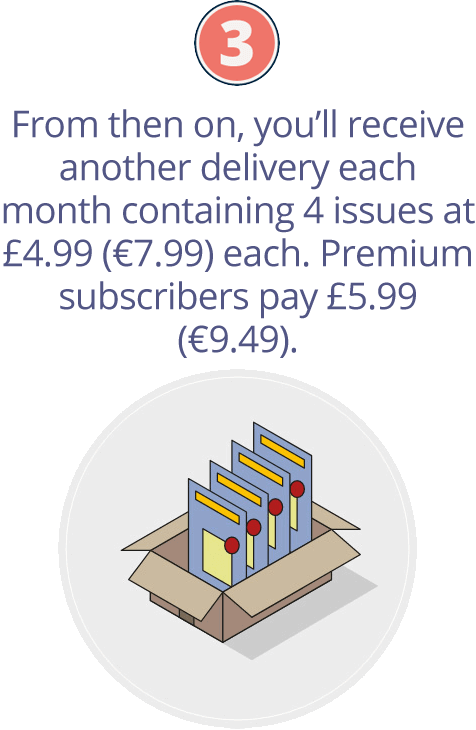 From then on, you’ll receive another delivery each month containing 4 issues at £4.99 (€7.99) each. Premium subscribers pay £5.99 (€9.49).