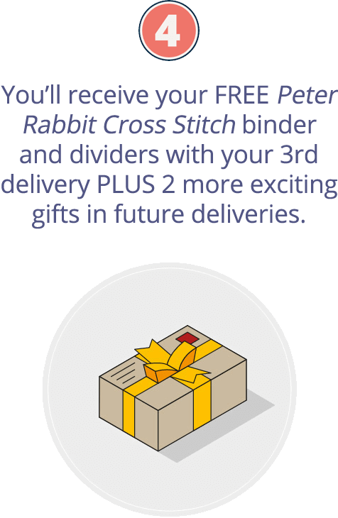 You’ll receive your FREE Peter Rabbit Cross Stitch binder and dividers with your 3rd delivery PLUS 2 more exciting gifts in future deliveries.